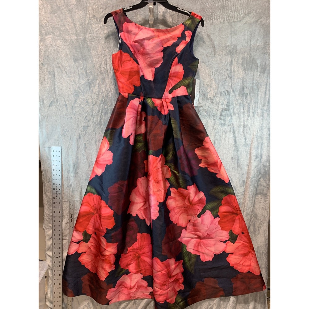 Kay Unger New York Floral A-Line Gown Navy Pink Hibiscus Dress 5511336 Size 6